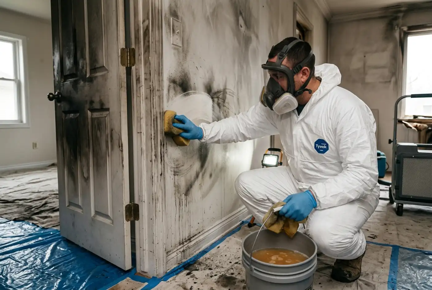 Restoration technician cleaning soot and smoke damage after a house fire in Grovetown, GA