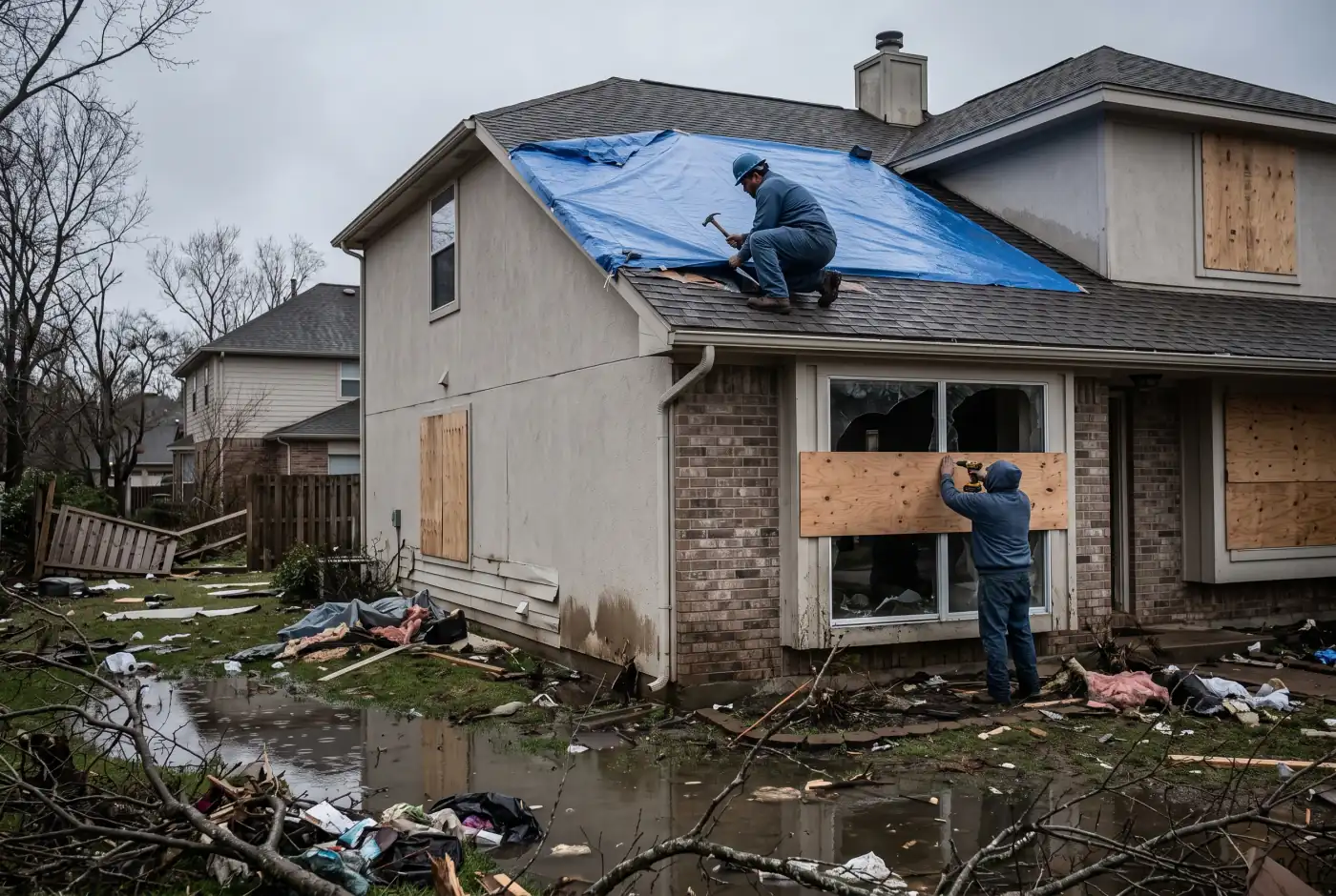 Crew removing water and debris from a flood-damaged home in Grovetown, GA