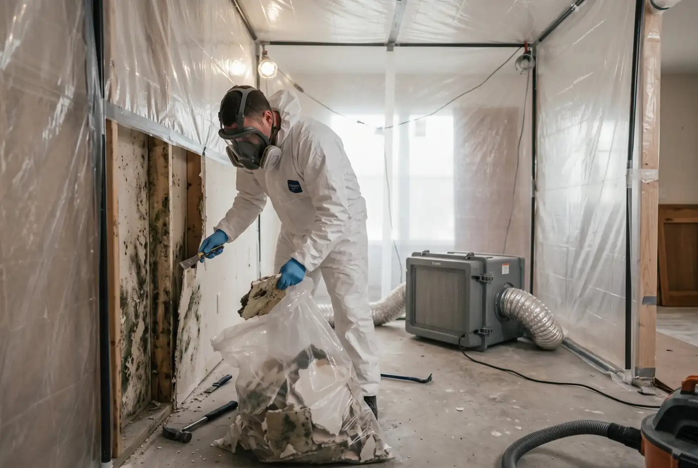 Containment barrier and air scrubber set up for mold remediation in Grovetown, GA