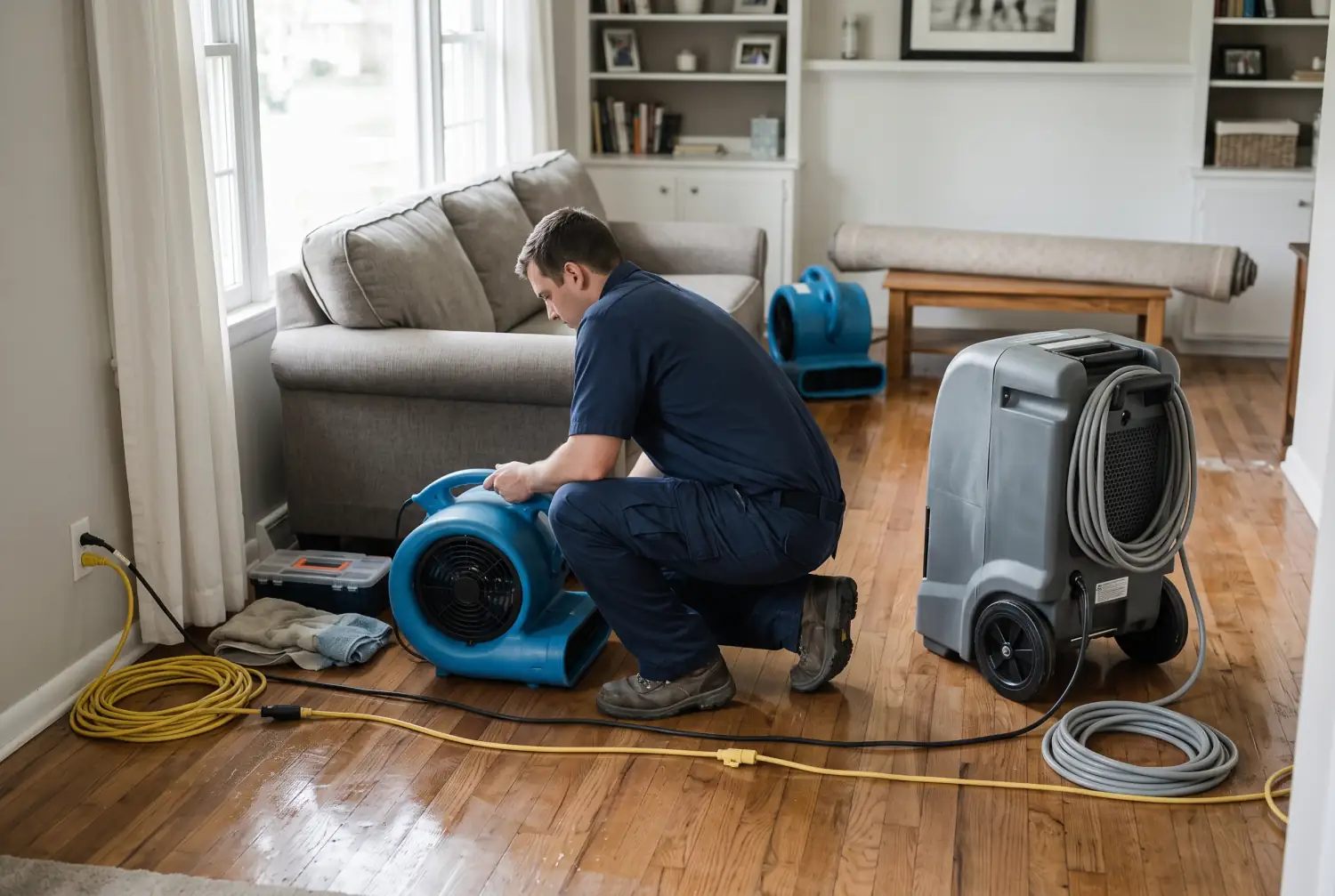 Water Damage Restoration Grovetown crew setting up drying equipment in a home