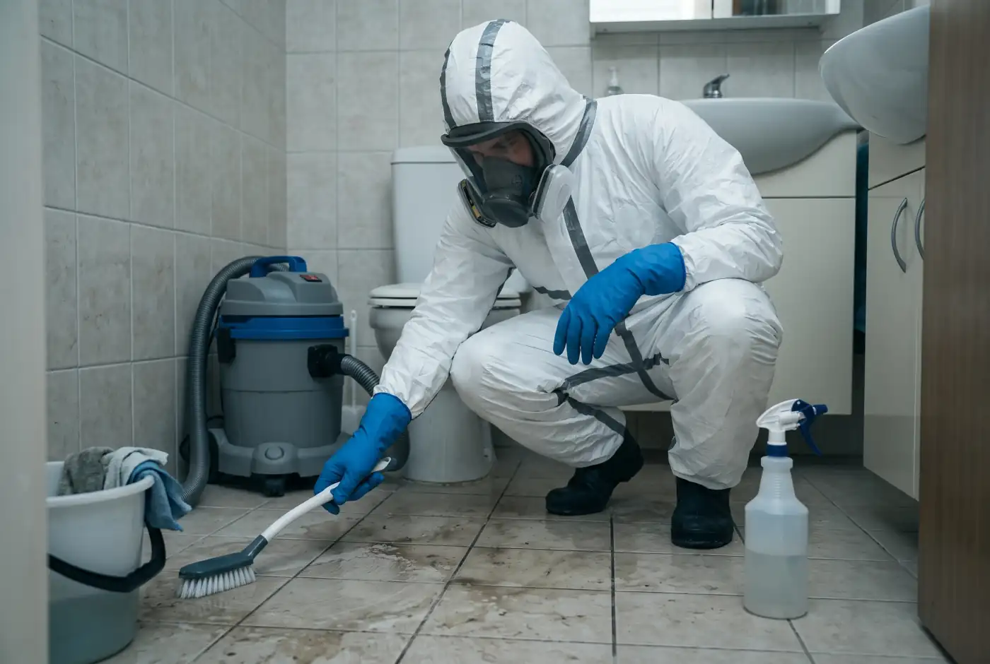 Protective gear and cleaning equipment staged for a sewage backup cleanup in Grovetown, GA
